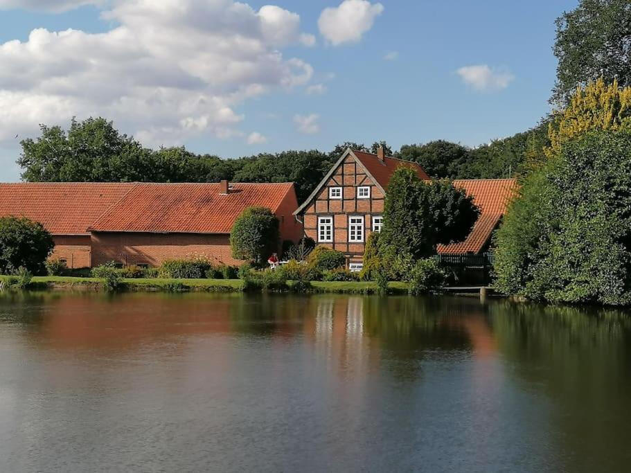 Historische Wassermühle am See Blick über den Mühlenteich auf die historische Wassermühle Bruchmühlen, eingebettet in eine idyllische Naturlandschaft.
